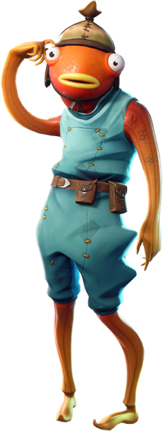 A sentient goldfish wearing a gold helmet; the purple, teal and blue Fortnite llama. 