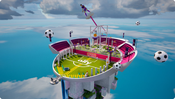 A soccer arena island floating in the clouds